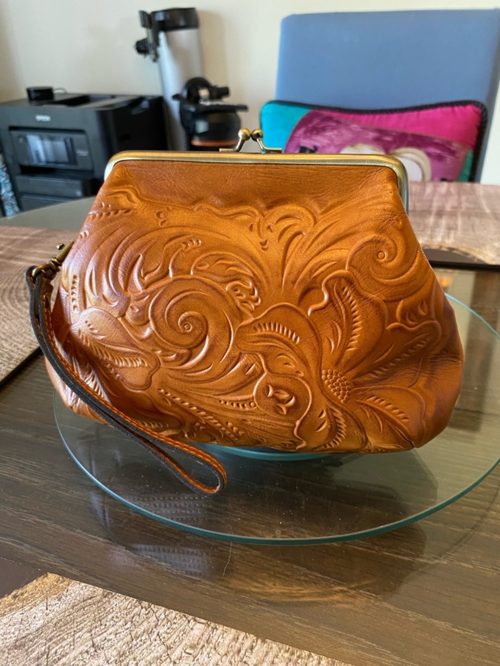 Patricia Nash Women's Embossed Tooled Tan Leather Kisslock Clutch Wristlet